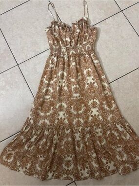 Moon River Cream and Brown Printed Maxi Dress with Spaghetti Straps